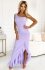 Numoco 317-6 lawendowa długa sukienka z falbaną i asymetrycznym dekoltem